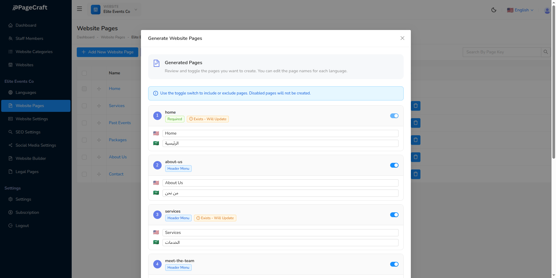 Select Pages to Create