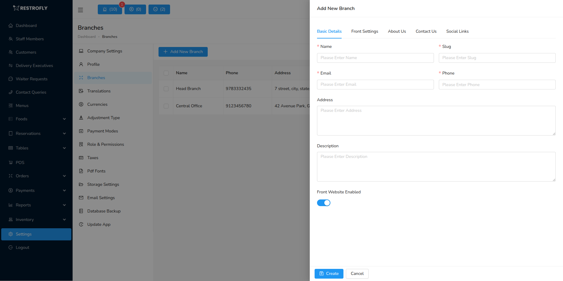 Branches - Add/Edit Form