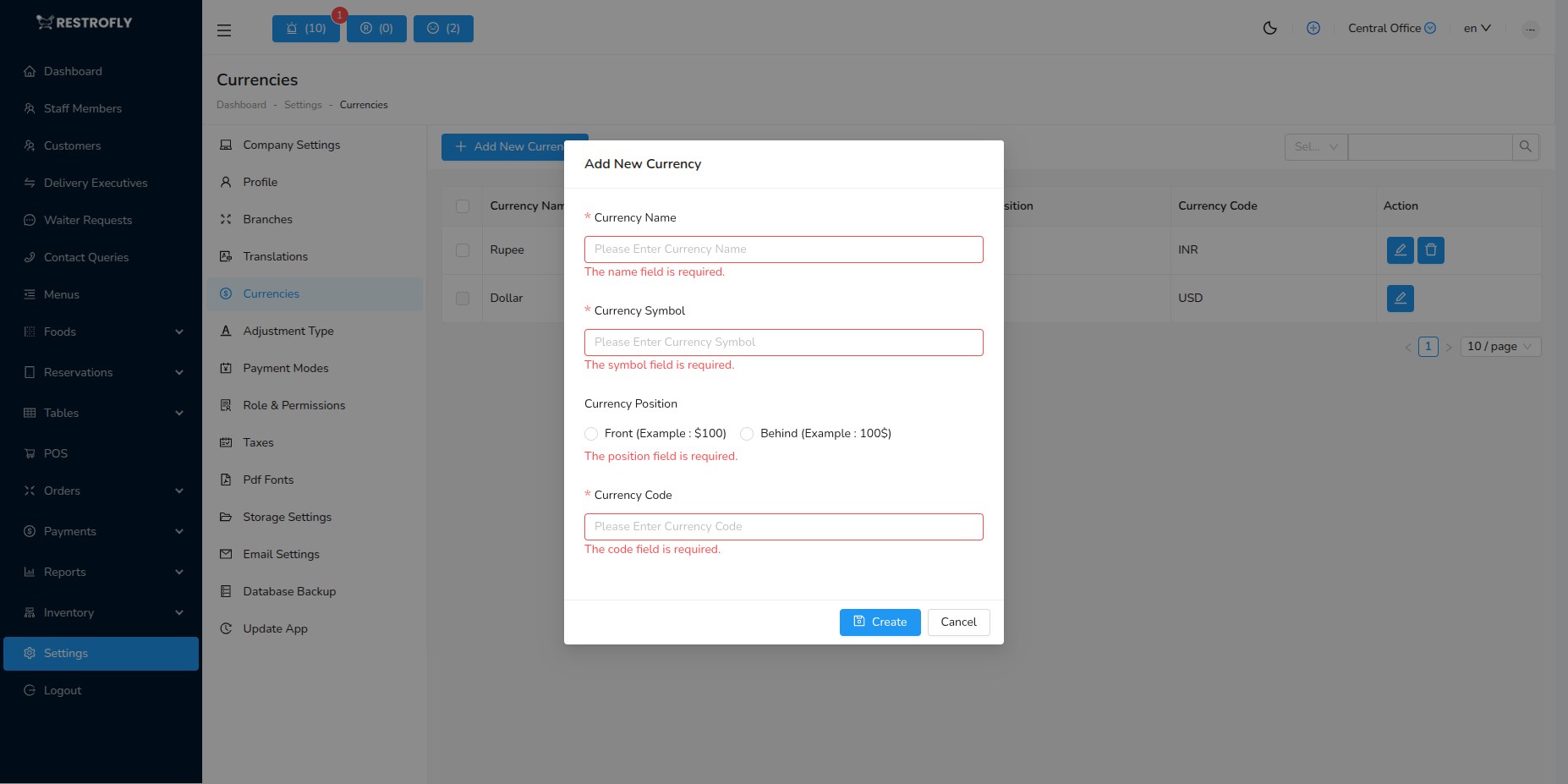 Currencies - Add/Edit Form