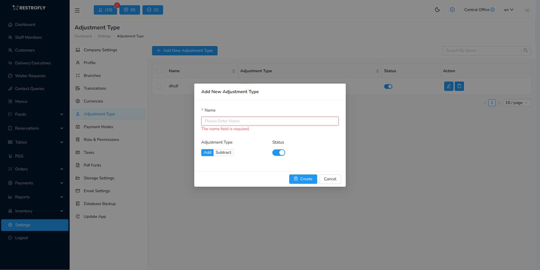 Adjustment Types - Add/Edit Form
