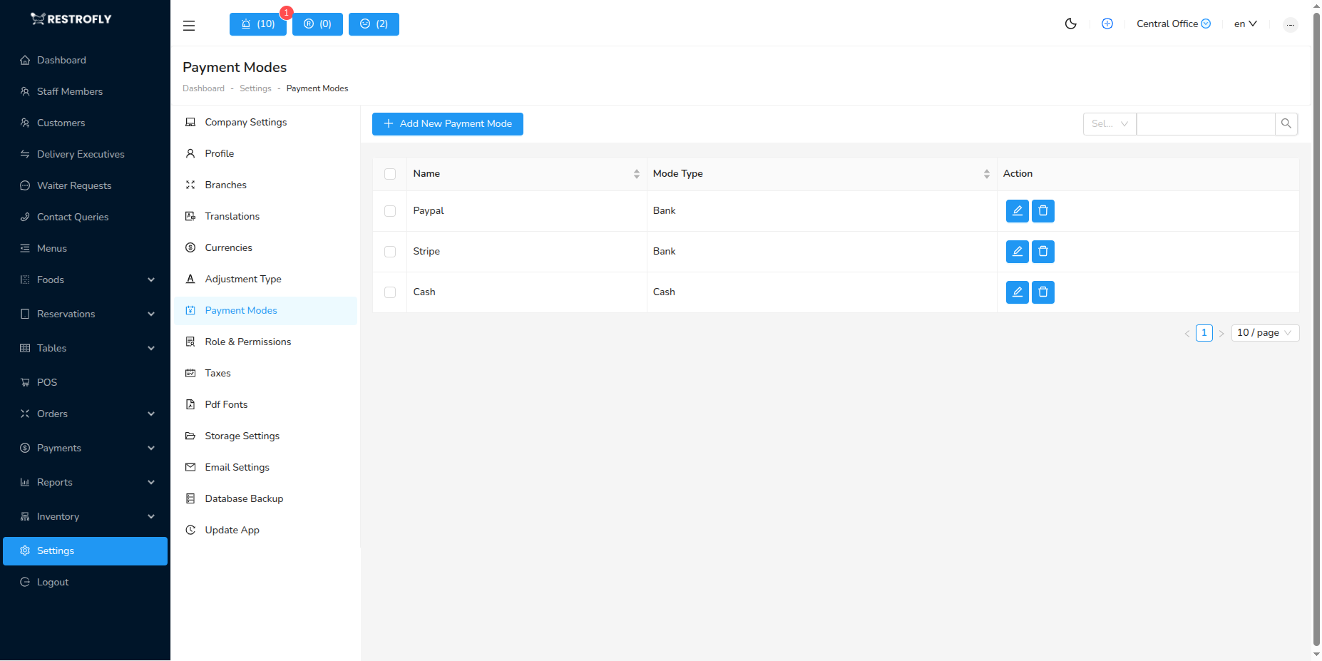 Payment Modes - List Page