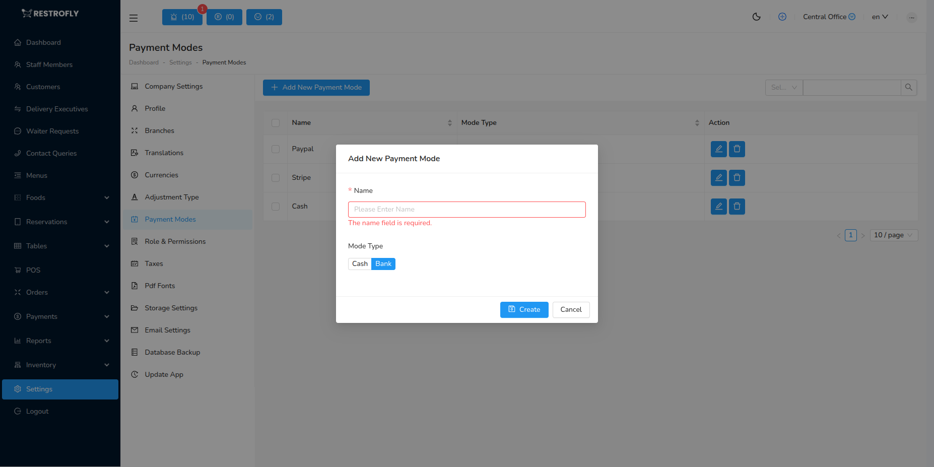 Payment Modes - Add/Edit Form