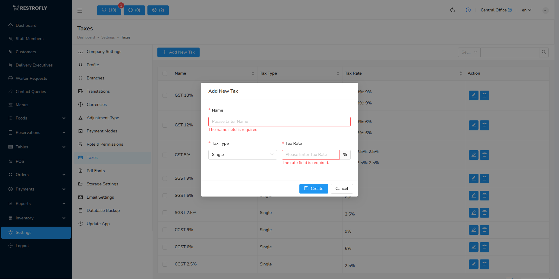 Taxes - Add/Edit Form