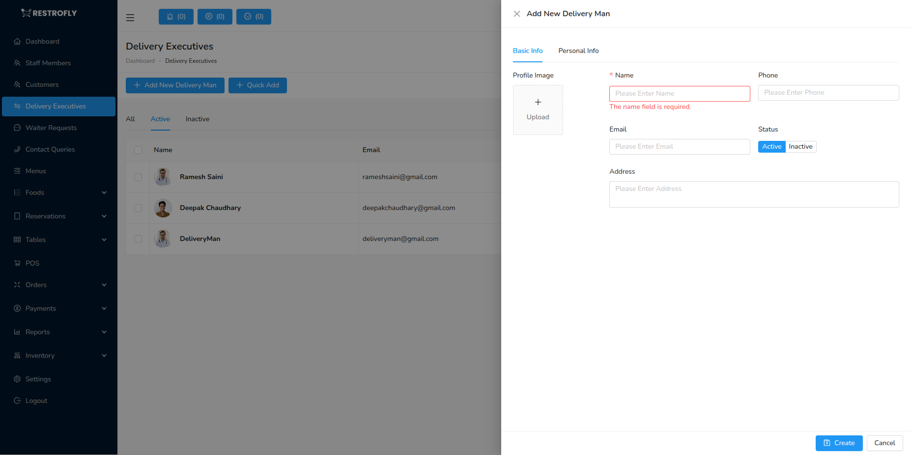 Delivery Executives - Add/Edit Form