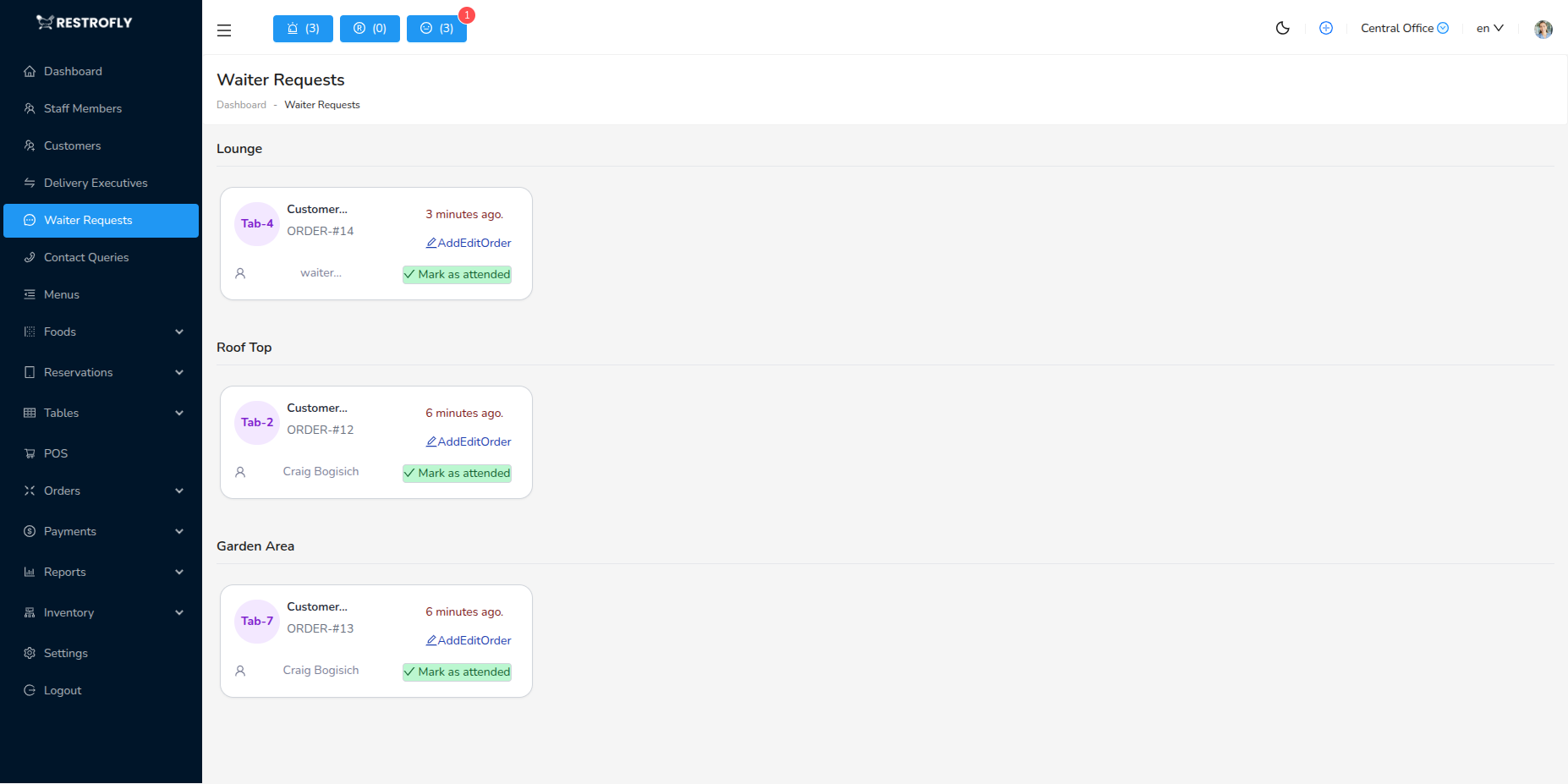 Waiter Request - List Page