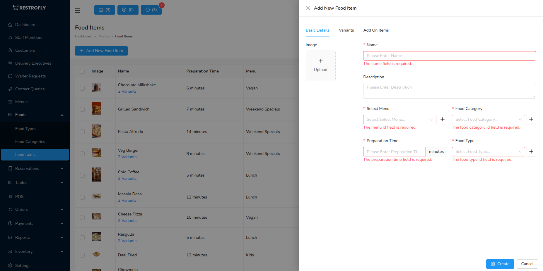 Food Items - Add/Edit Form