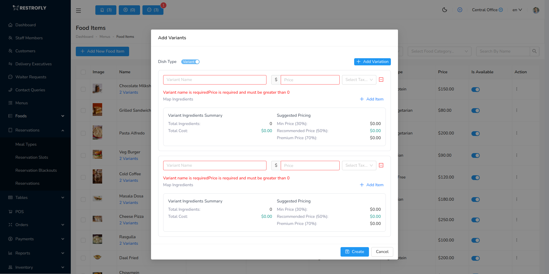 Food Items - Variants Management