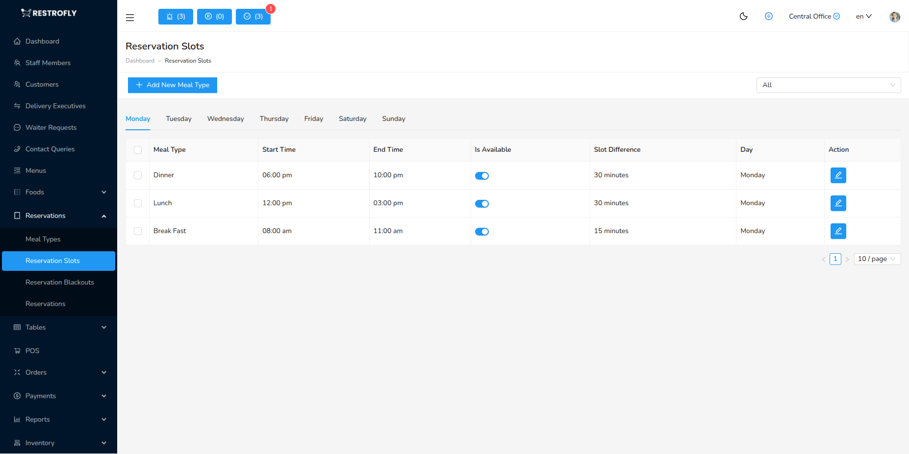 Reservation Slots - List Page