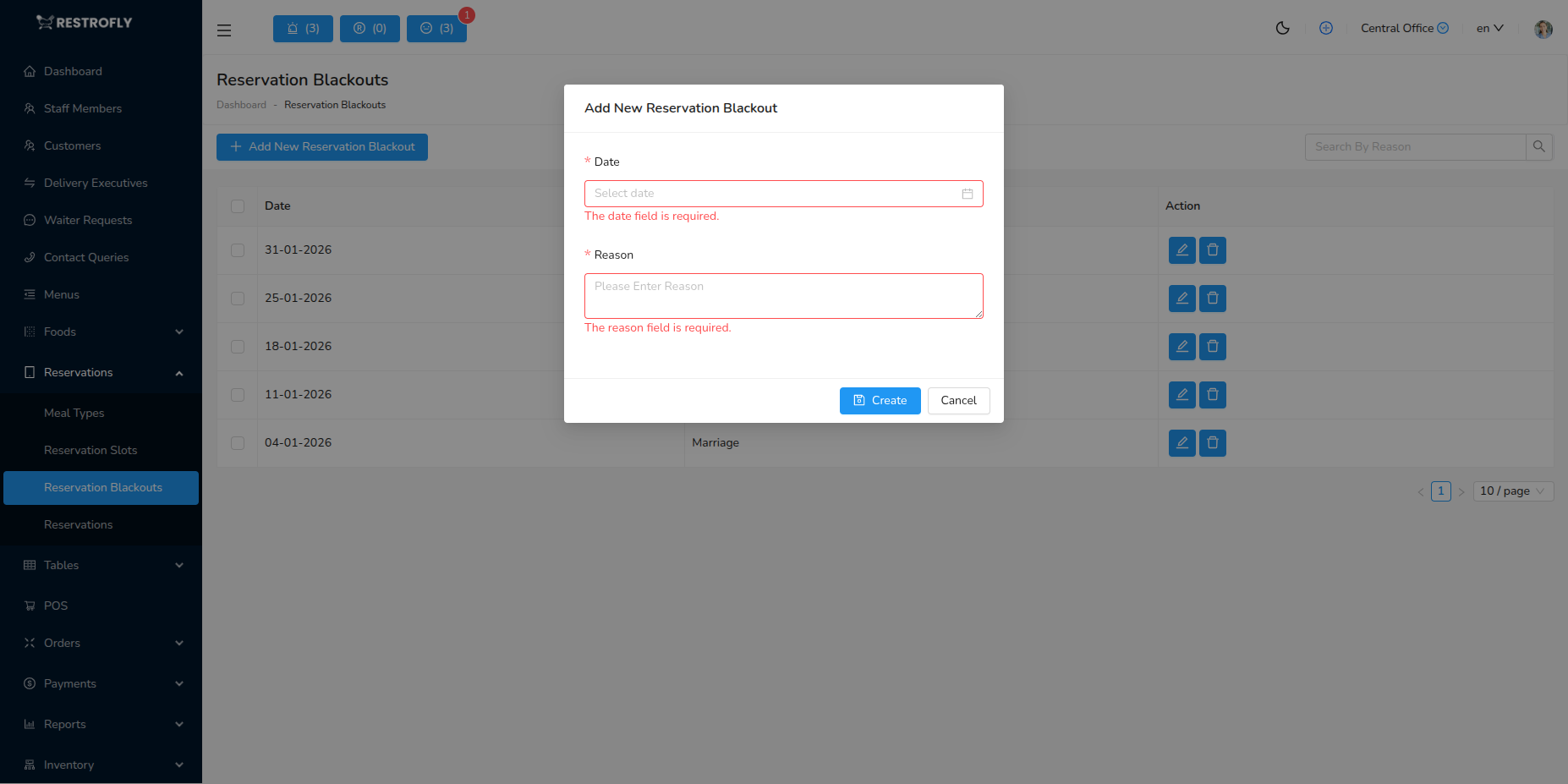 Reservation Blockout - Add/Edit Form