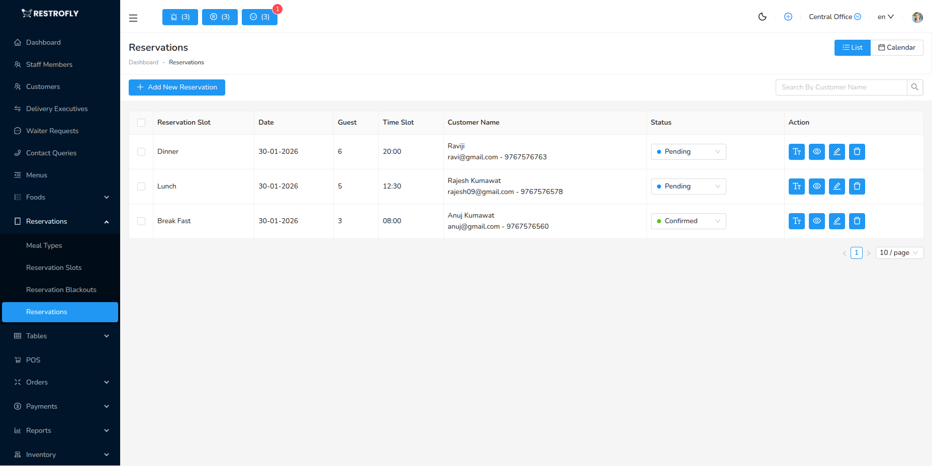 Reservations - List Page