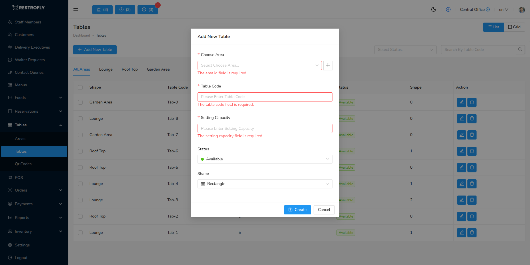 Tables - Add/Edit Form