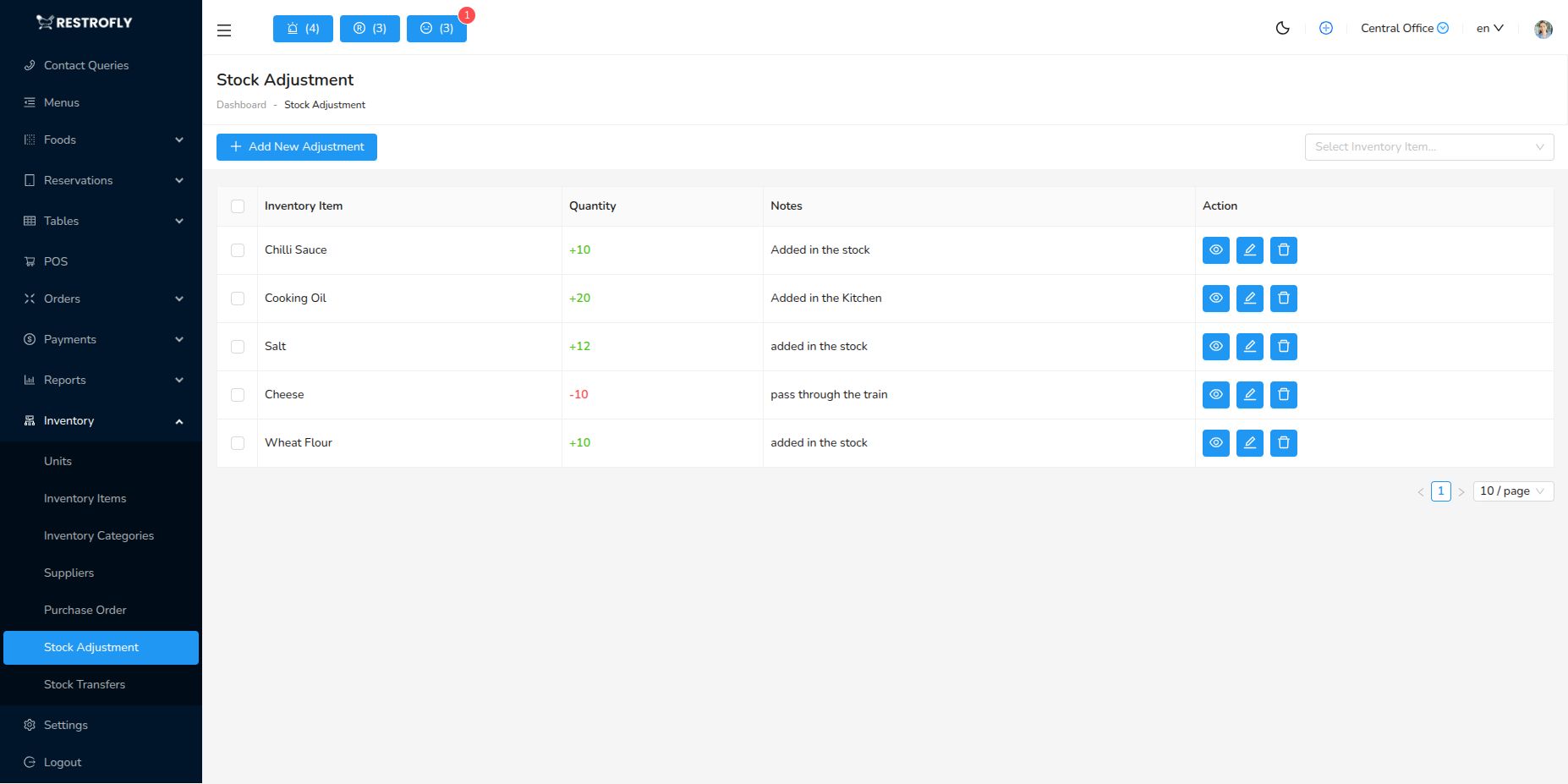Stock Adjustment - List Page