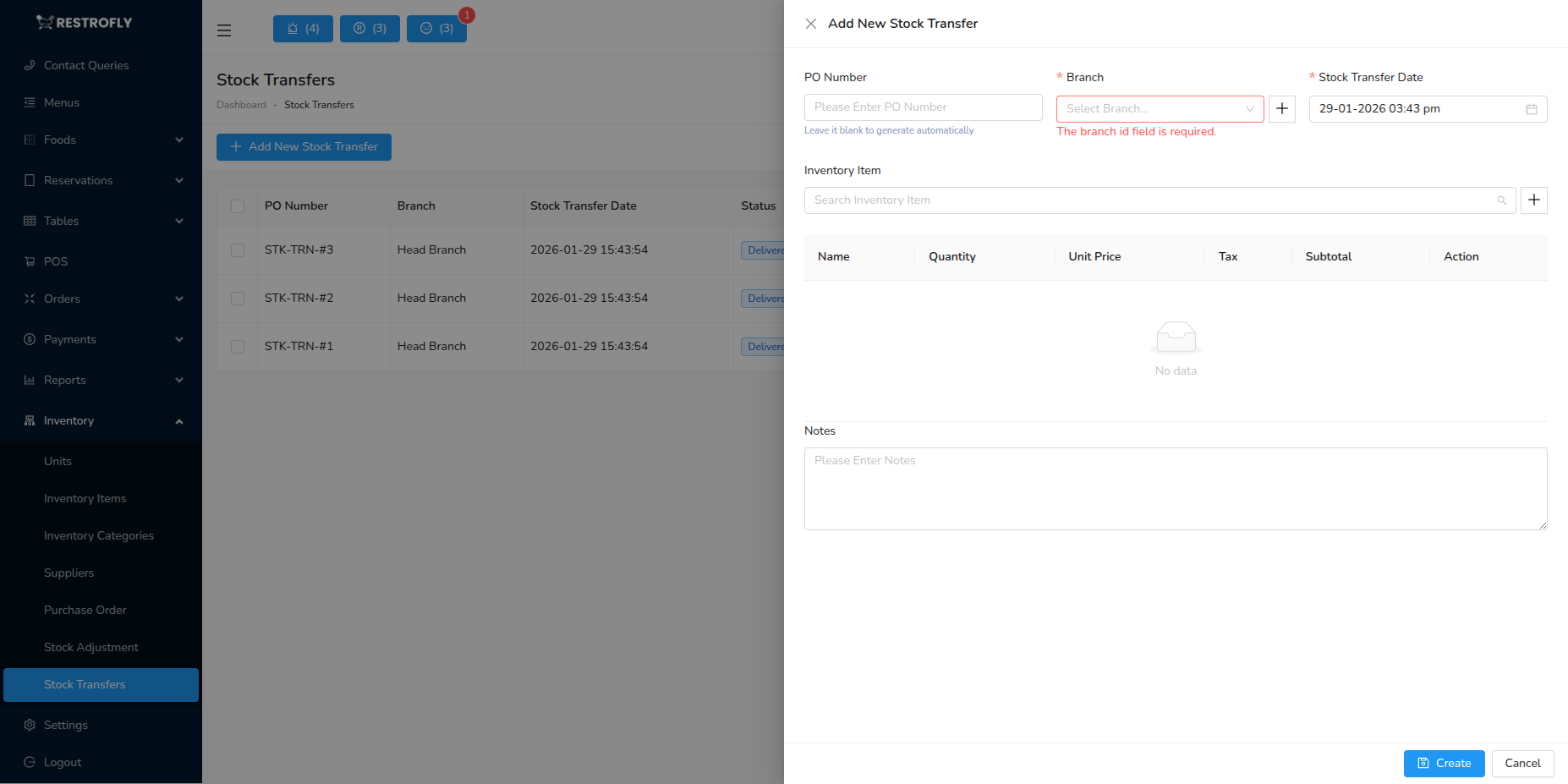 Stock Transfer - Add/Edit Form