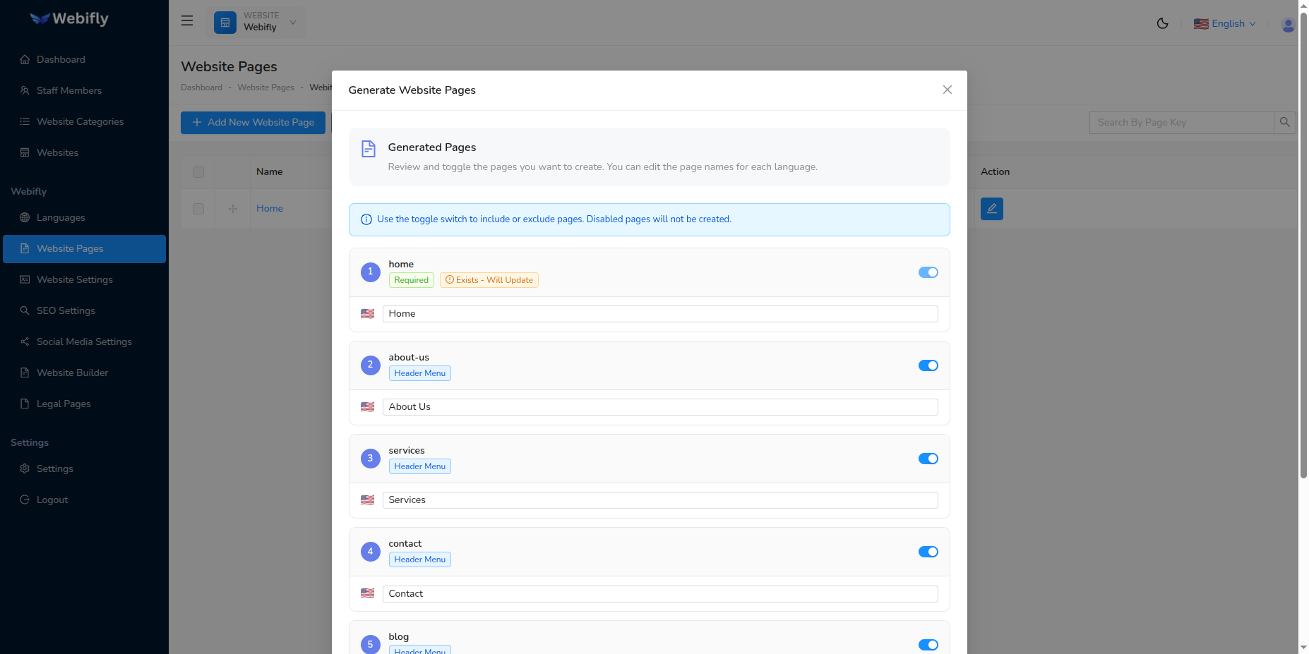 Select Pages to Create